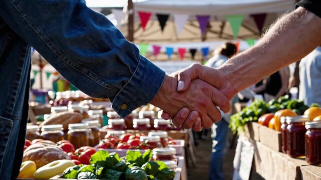 Vendor And Farmer Exchange Goods. Community Fair With Traded Local Produce. Atmospheric Neighborhood Market Featuring Friendly Exchanges And Colorful Market Stalls Filled With Fresh Goods
