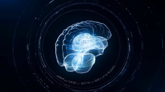 Slow tracking zoom pan of holographic brain rotating and aligning within virtual digital interface in dark scientific lab environment