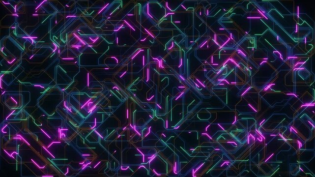 Digital Data moving on Circuit Board and CPU loop backgrounds. Computer Processing and organizing data. Abstract high tech Artificial intelligence (AI), data mining, neon glow pcb place for text 