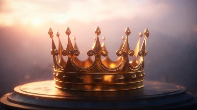 A regal golden crown rests on a pedestal against a blurred, sunset-lit background