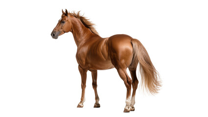 Isolated elegant brown horse standing, majestic equine mammal with flowing mane and tail © Marigold