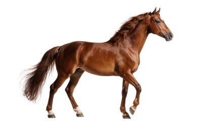 Isolated majestic brown horse trotting gracefully with flowing mane and tail, purebred animal © Marigold