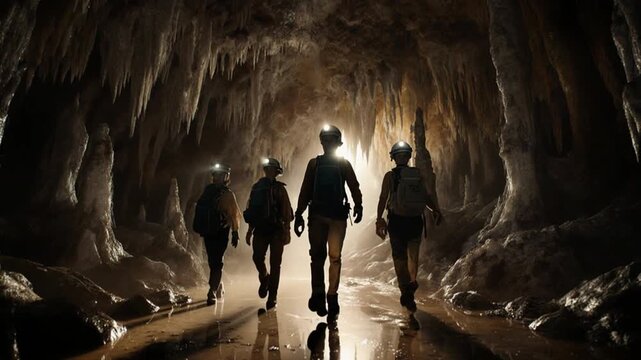 group of people exploring a cave