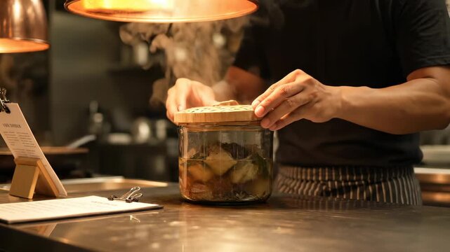 Person opens glass jar with fermented vegetables on kitchen counter under warm light. Hand removes bamboo lid from jar. Person handling pickle jar. Kitchen fermentation with vegetable jar storage.