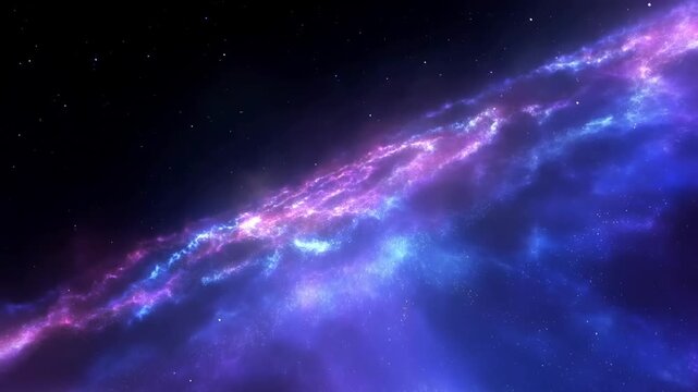 Slow motion tracking pan of colorful nebula streaming across deep outer space void with luminous purple and blue clouds