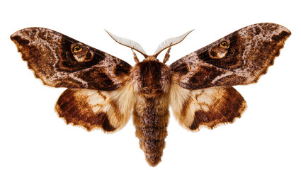 Isolated close-up of a beautiful brown moth with intricate wing patterns and feathery antennae © Marigold