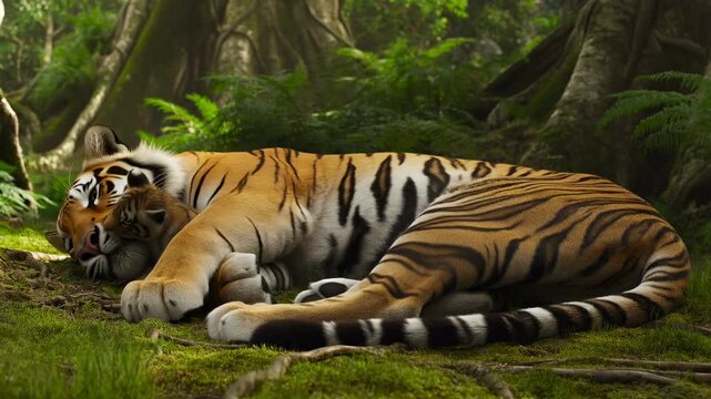 Slow tracking shot of adult tiger curling and nuzzling cub on mossy forest floor among tree roots