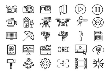 Fototapeta premium Professional Cinematography and Video Production Icon Set Featuring Cameras, Drones, Lighting Equipment, Audio Gear, and Digital Media Editing Tools for Videographers