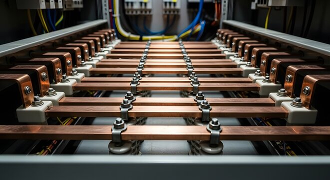 Industrial Copper Busbars in Manufacturing Facility.