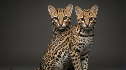 Naklejka premium Two captivating young ocelots stare directly forward with strikingly patterned fur against a dark studio background