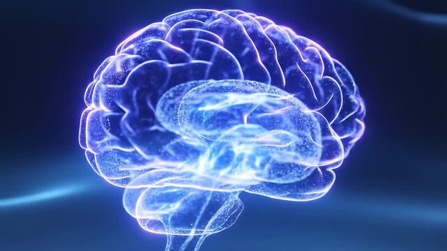 Tracking shot slow motion pan of glowing neural brain hologram rotating and pulsing in dark virtual studio environment