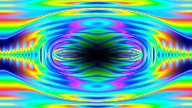 Panning slow motion tracking shot of vibrant psychedelic ripple pattern shifting across seamless mirrored abstract digital background with kaleidoscopic horizontal waves