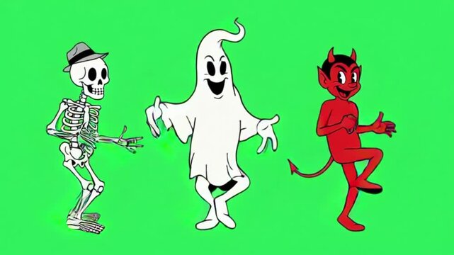 1930s Rubber Hose Cartoon Monsters Dancing Vaudeville Style Skeleton Ghost Devil Green Screen