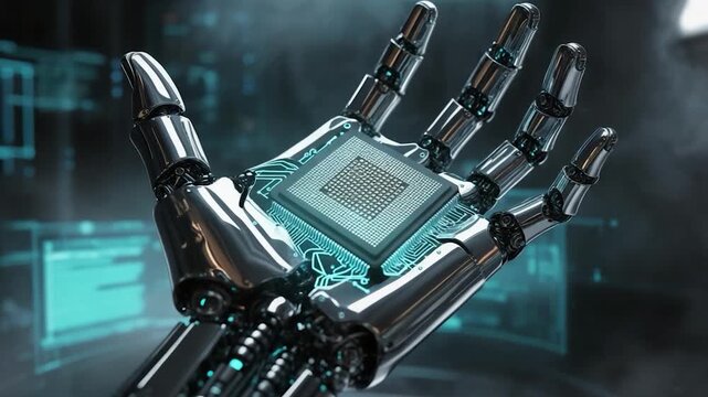 A shiny metallic robot hand cradles a glowing square processor. Blue circuits illuminate its surface