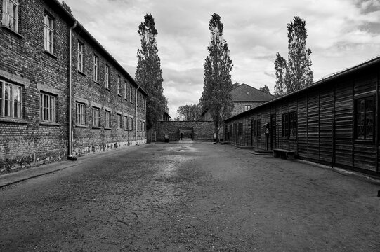 Path between brick and wooden buildings in Auschwitz camp