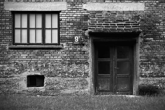 Exterior brick wall of Block 9 at Auschwitz concentration camp
