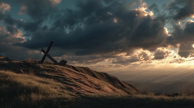 Cross falling on a hill at sunset