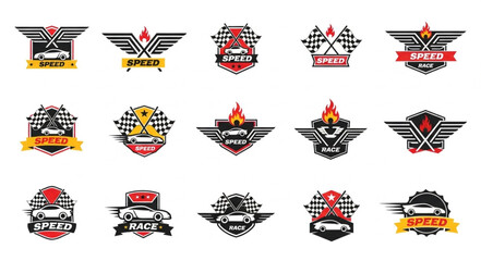 Collection of Racing Emblems with Cars, Flags, and Wings. © Nayla