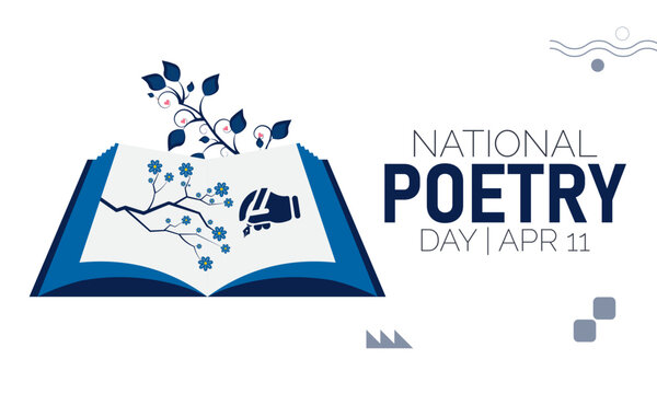 National Poetry Day Concept: Open Book with Growing Tree Branches and Human Hand Symbol - April 11th Vector Art with Growing Plant