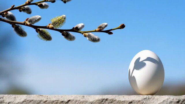 pussy willow branch swaying over a single white egg on stone. Features soft blue sky background and gentle breeze motion. High-utility copy space for clean spring messaging.