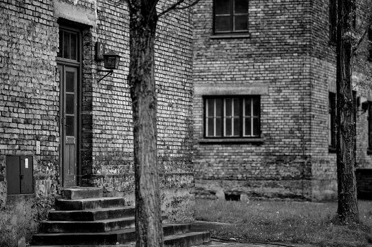 Brick barracks and exterior architecture of Auschwitz I camp
