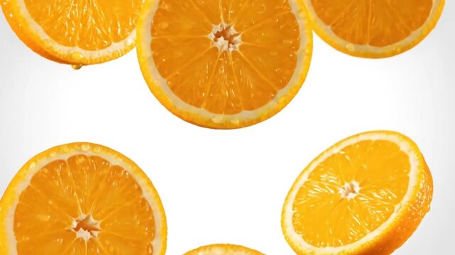 Fresh orange slices with water drops on white background
