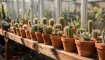 Vibrant assortment of potted cacti and succulents thrive in a sunlit greenhouse, showcasing natural beauty and resilient growth in a warm environment