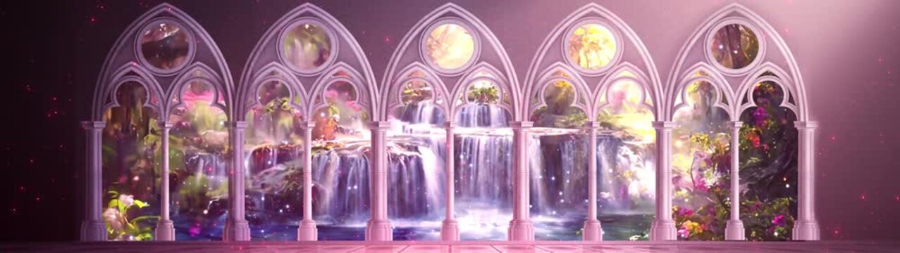 Fantasy Pink Gothic Arches Over Enchanted Waterfall Garden Background