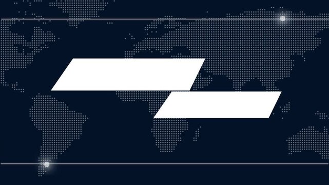 Modern abstract graphics layered over global world map interface animation background, Geometric shapes forming futuristic digital data visualization design, Technology themed global map animation .