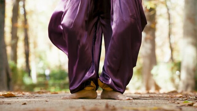 Close up of a barefoot dancer's feet performing a classical indian dance in an autumn park. The traditional purple costume moves gracefully