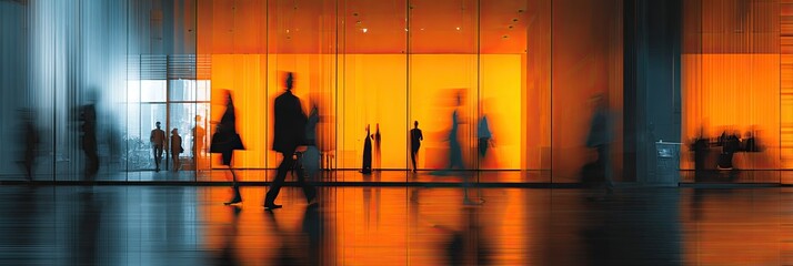 Silhouettes of people walking in a modern building with warm orange lighting.