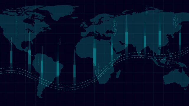 Global financial network map displaying multiple currency symbols animation, Futuristic visualization of international economic systems, Modern world economy animation background for finance .