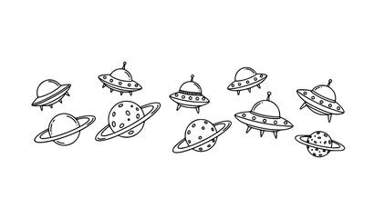 Doodle UFO spaceship and ringed planet vector illustration space icon set © MdAshik