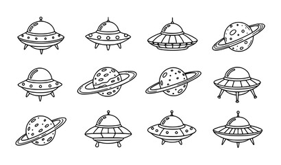 Hand drawn UFO spaceships and ringed planets vector collection doodle space icon set © MdAshik