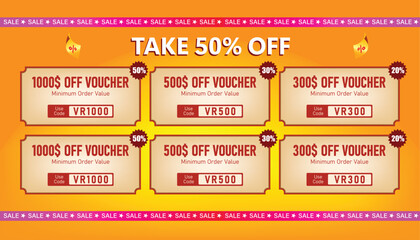Voucher template with discount coupons and promotional offer layout, perfect for marketing campaigns, ecommerce promotions.