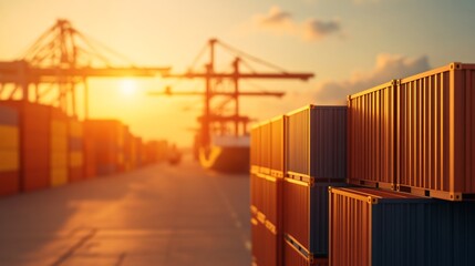 Obraz premium Major container terminal experiencing maritime trade disruption with slowed cargo handling operations and multiple container ships anchored offshore awaiting docking clearance.