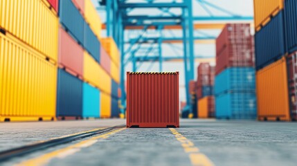 Fototapeta premium Major container terminal experiencing maritime trade disruption with slowed cargo handling operations and multiple container ships anchored offshore awaiting docking clearance.