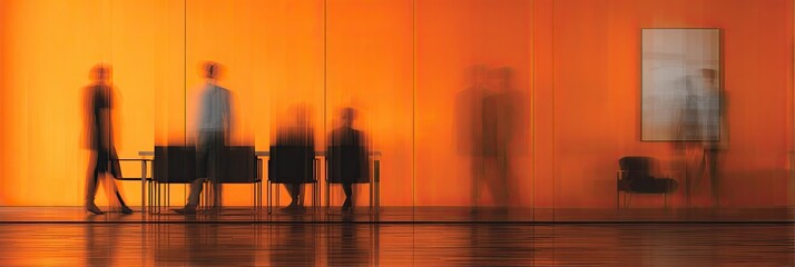Blurred figures in a waiting room with orange walls and reflective floor.