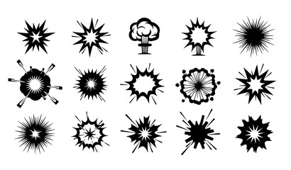 Comic book explosion burst symbols vector set black abstract impact shapes © MdAshik