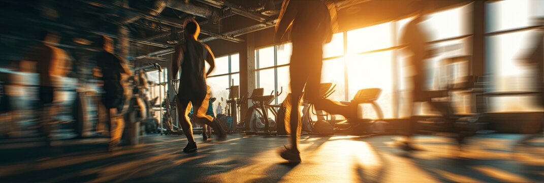 Blurred motion of people running on treadmills in a gym with bright sunlight streaming through windows.