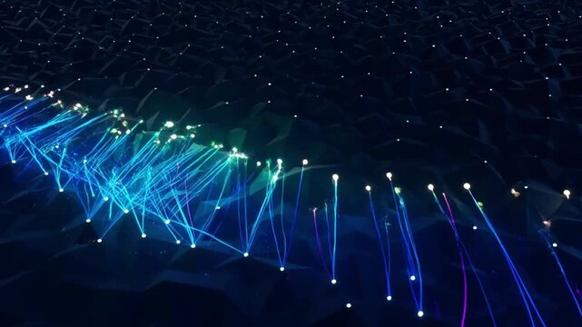 Abstract technology background digital wave line light futuristic data flow network neon blue particle glow cyber wave motion pattern modern science art dark pattern digital landscape glowing minimal
