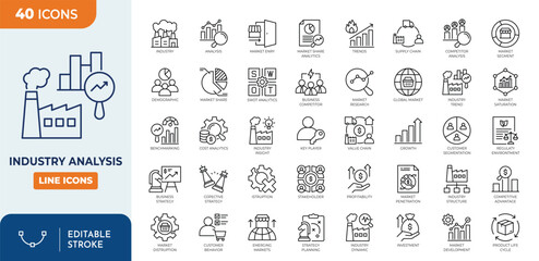 Industry analysis icon set. Contain icons related to industry, strategy, competitor, trends, swot, market share, cand more. editable stroke. Vector illustration
