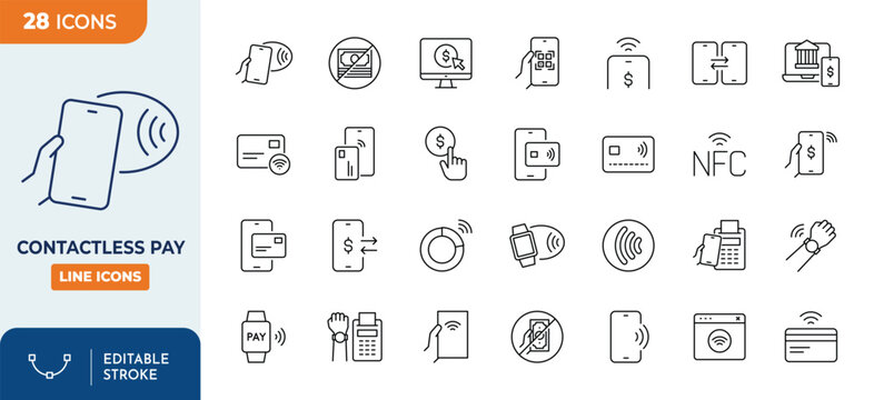 Contactless pay icon set. Outline icons collection. editable stroke. Vector illustration