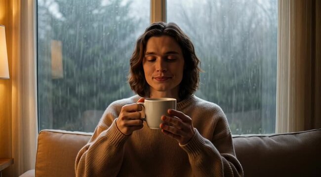 Serene woman enjoying a cup of coffee while watching the rain fall