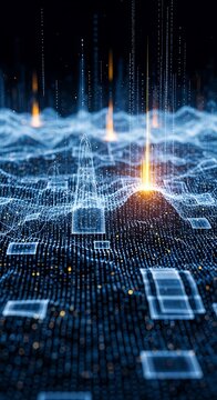 Futuristic abstract data visualization representing digital information processing, big data analytics, and global network connections with glowing elements