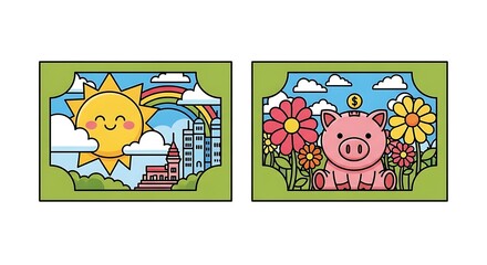 Obraz premium Illustrated piggy bank and sunshine with rainbow and city