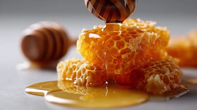 Golden honey honeycomb sweet organic natural liquid food dessert closeup macro texture, golden honey dripping over honeycomb showing rich sticky syrup, natural organic sweetness dessert background