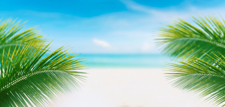 blurry image of the stunning tropical landscape of the Caribbean Sea, with coconut trees standing on white sandy beaches, overlooking the turquoise waters in summer, under a clear blue sky
