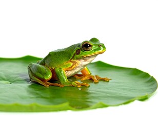 Fototapeta premium Green frog rests on a bright green lily pad against a plain white background, in a clean, close-up composition