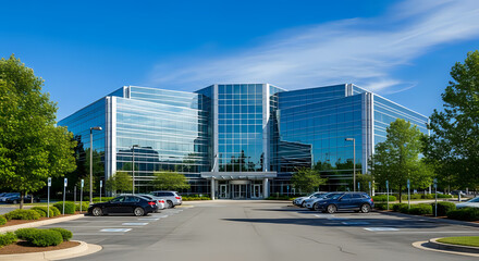 Obraz premium A large modern office building with a parking lot and blue sky